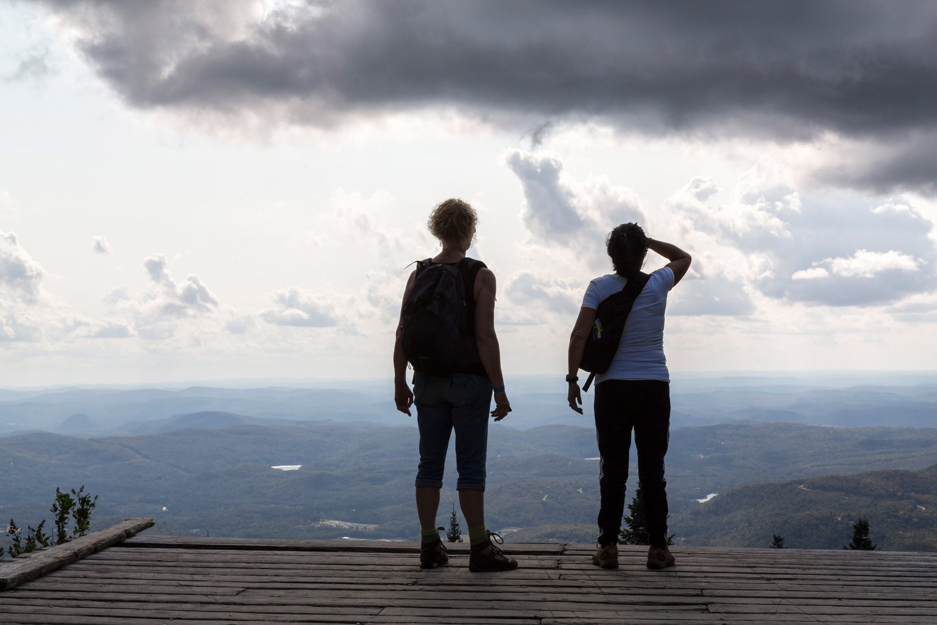 Deux observatrices scrutent de leur promontoire l'horizon lointain de la forêt boréale